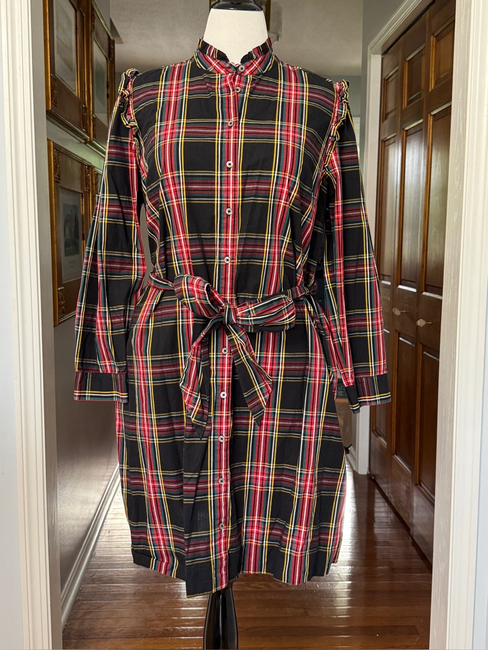 J Crew Tartan Plaid Ruffle Shirt Dress Size 18 Cotton Button Front Belted